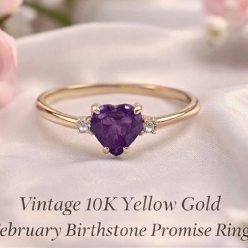 Dainty 10K Gold Heart Amethyst Diamond Promise Ring February Birthstone Size 7
